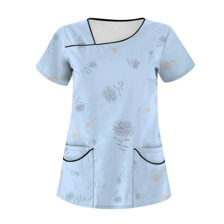 

TKing Fashion Independence Day Women Plus Size Scrubs Top V-Neck Short Sleeve Printed Pockets Work Blouse for Women Blue 2XL