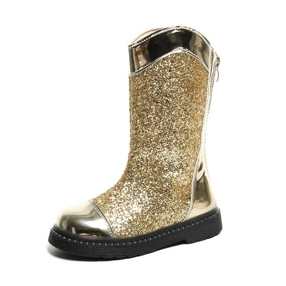 VNKIDY Girls Kids Glitter Boots Metallic Solid Color Thick Sole Back Zip Shoes For Party Casual Daily Wear Classic Footwear