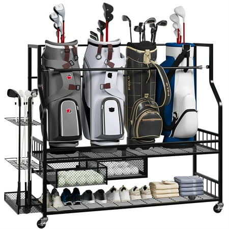 Golf Bag Storage Garage Organizer Golf Bag Storage Rack w/Drawer for Golfing Bags  Clubs Balls Gadgets Accessories & Equipment Golf Bag Stand w/Wheels for Home Golf Course