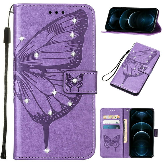 SaniMore Case for Samsung Galaxy A05S (6.7" 2023), PU Leather Luxury Embossed Butterfly Glitter Diamond [Wrist Strap & Card Slots & Flip Kickstand] Full-body Shockproof Wallet Cover, Lightpurple