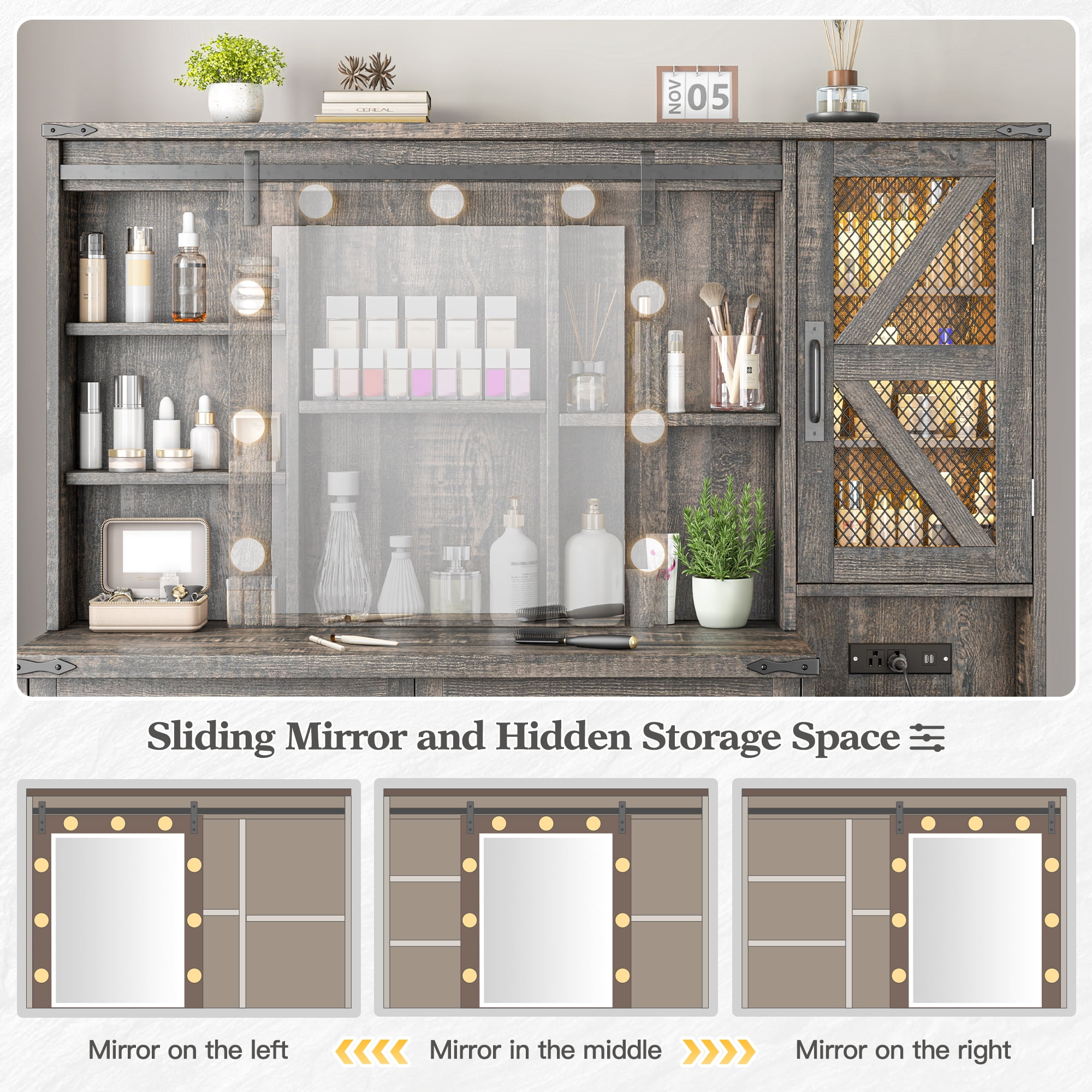 Vanity Set with Mirror and Lights Vanity Desk with 4 Wooden Drawers & 3-Tier Storage Shelf & Charge Station Farmhouse Vanity Dressing Table for Girl, Stool Not Included, Dark Rustic Oak