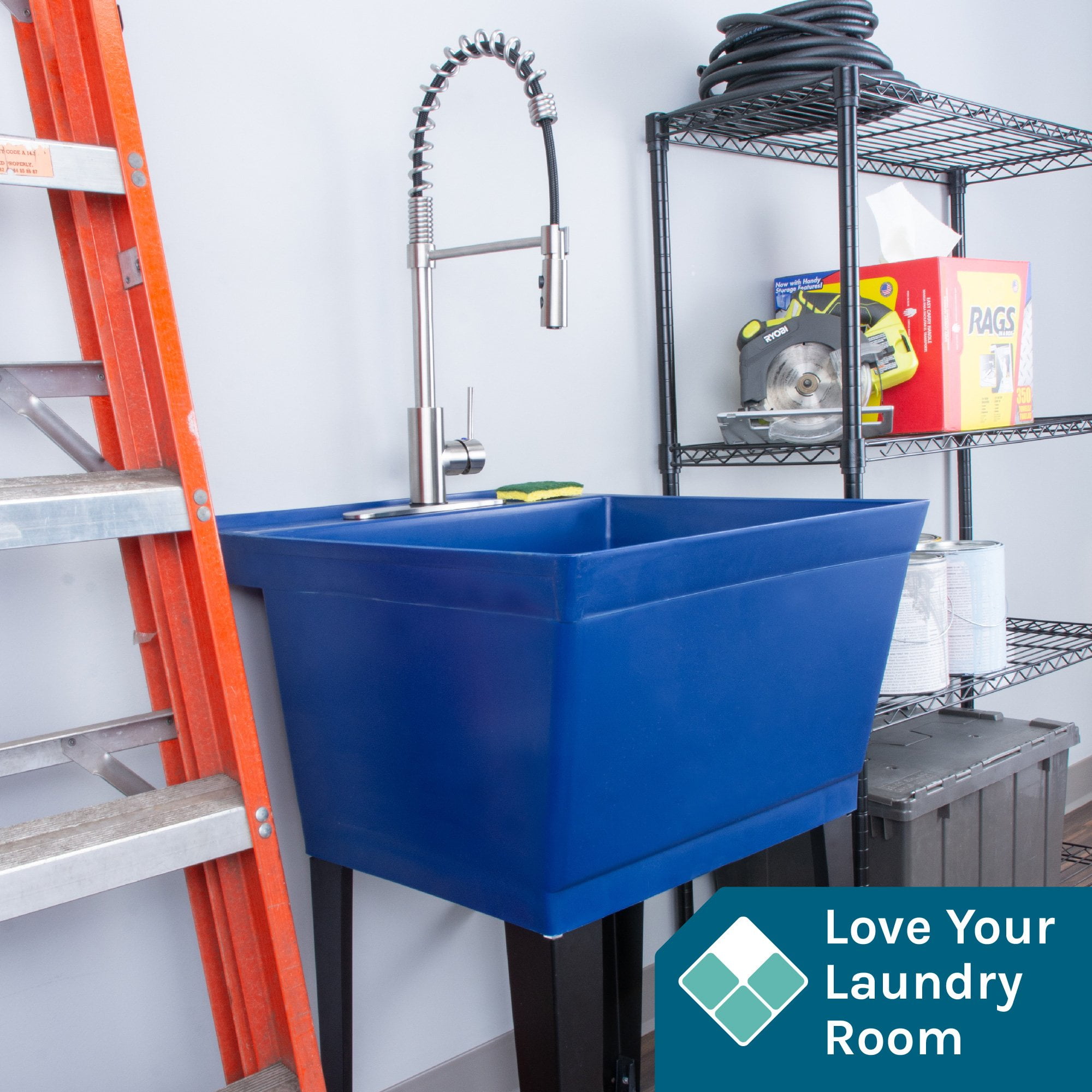 Tehila Blue 19 Gallon Utility Sink with High-Arc Stainless Finish Coil Pull-Down Faucet