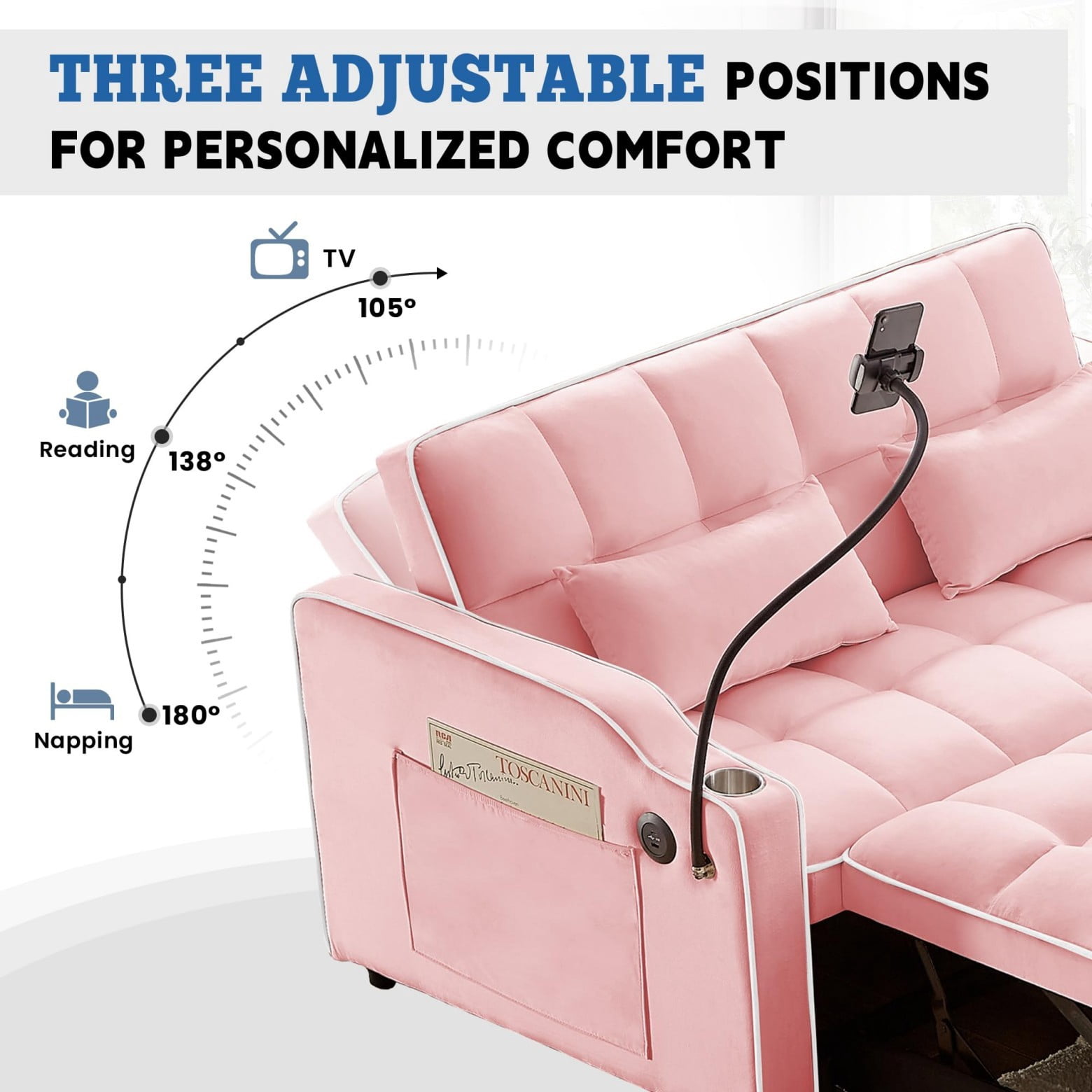 55" 3 in 1 Convertible Sofa Bed with Phone Holder, Loveseat Couch with Pull Out Bed, Space-Saving Apartment Sofa, Pink