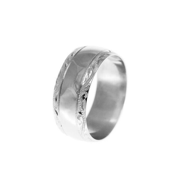 14K solid white gold high polish custom hand engraved Hawaiian scroll 8mm ring size 4