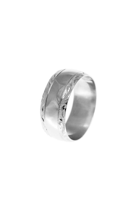 14K solid white gold high polish custom hand engraved Hawaiian scroll 8mm ring size 6