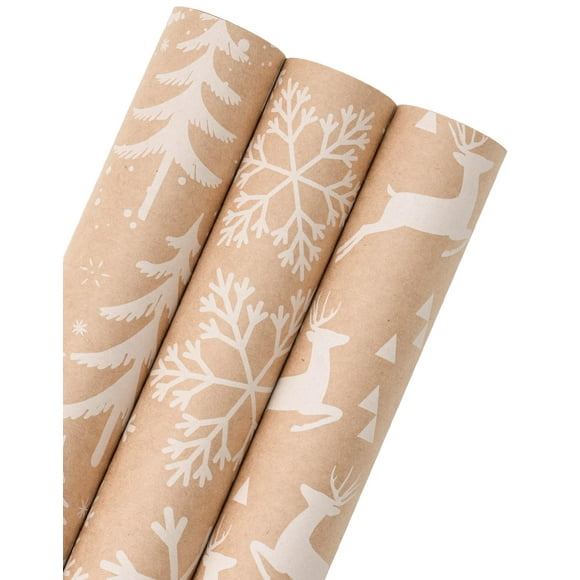 Papel de regalo navideño WRAPAHOLIC Kraft, 3 rollos, 43 x 305 cm