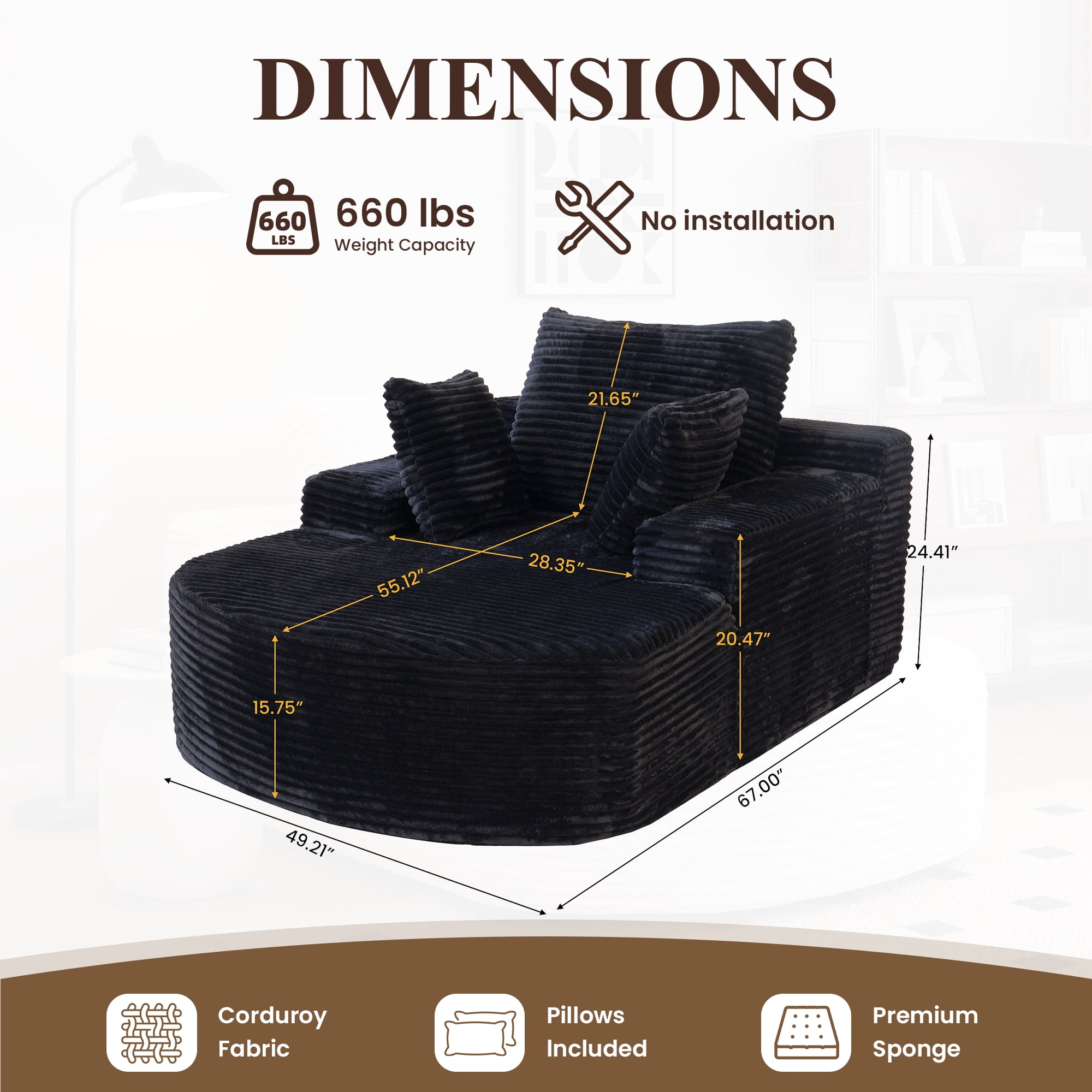 Sdorens 67" Chaise Lounge Chair Indoor,Oversized Corduroy Upholstered Boneless Sofa Bed,Deep Seat Sleeper Couch Reading Chairs Cloud Sofas Couches for Living Room, No Assembly Required (Black)