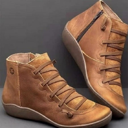 Women s Ankle Boot - Ankle Boots for Women Arch Support Comfy Lace Up Flat Heel Ankle Booties Round Toe Slip On Leather Short Boots Loafers Non-Slip Breathable Soft Bottom Walking Shoes