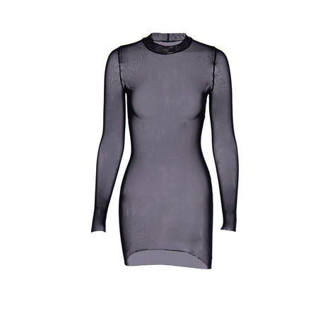 

Sexy See-through Dress Mesh Long Sleeves Skirt Hip Wrap Short Skirts for Woman Girl Lady (Black Size L)