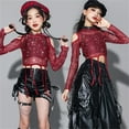 thumbnail image 4 of Huowey Girls Funny T Shirtsfashion Mesh Crop Top Long Sleeve Hoodies Hollow Out Sequins Dancewear Hop Cool Sweatshirt Streetwear Cute Trendy Tops ,Red,3-4 Years, 4 of 7