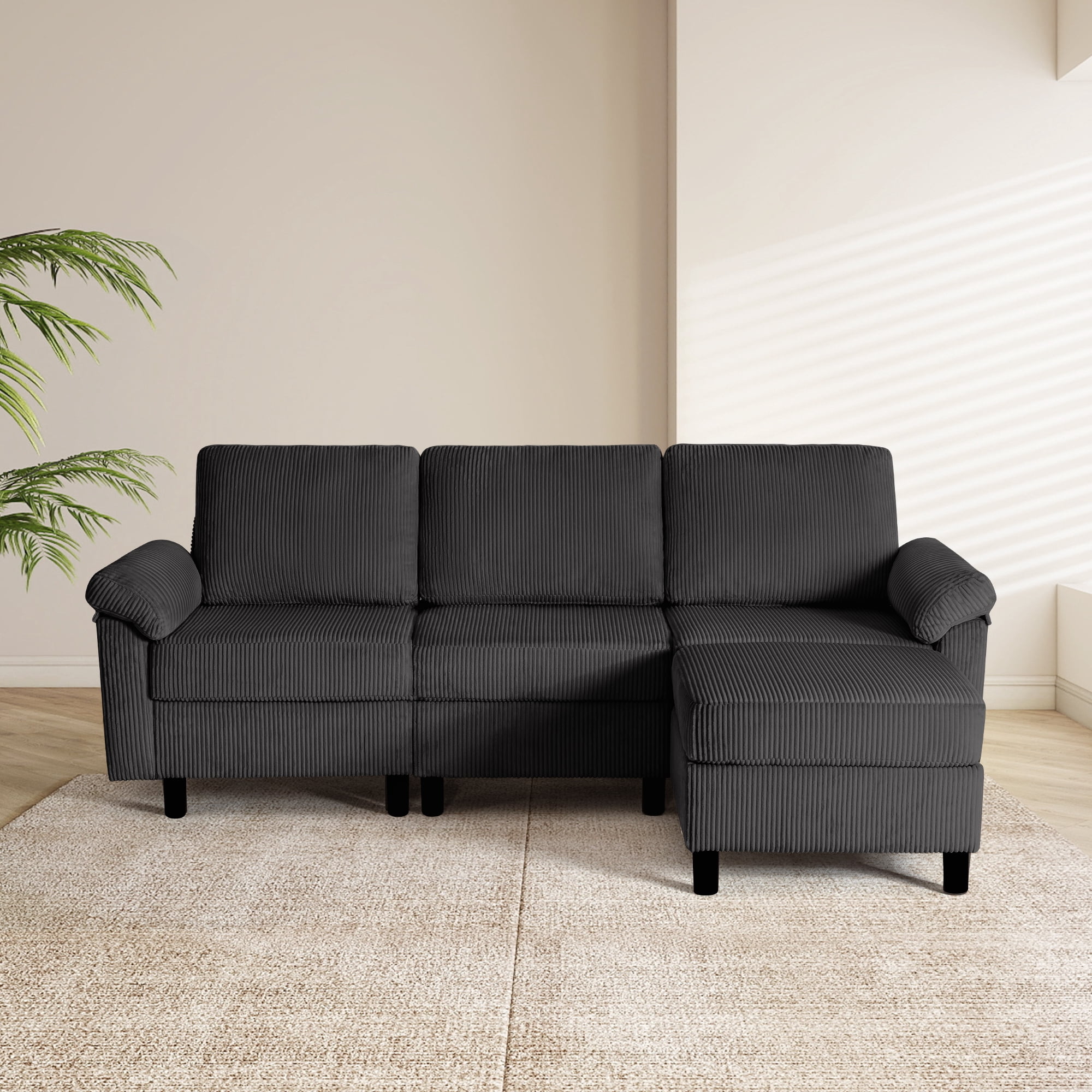 SAETSFEG Sectional Sofa, L-Shape 3-Seat Couch with Movable Ottoman, Modern Storage Modular Sofa for Living Room,Black