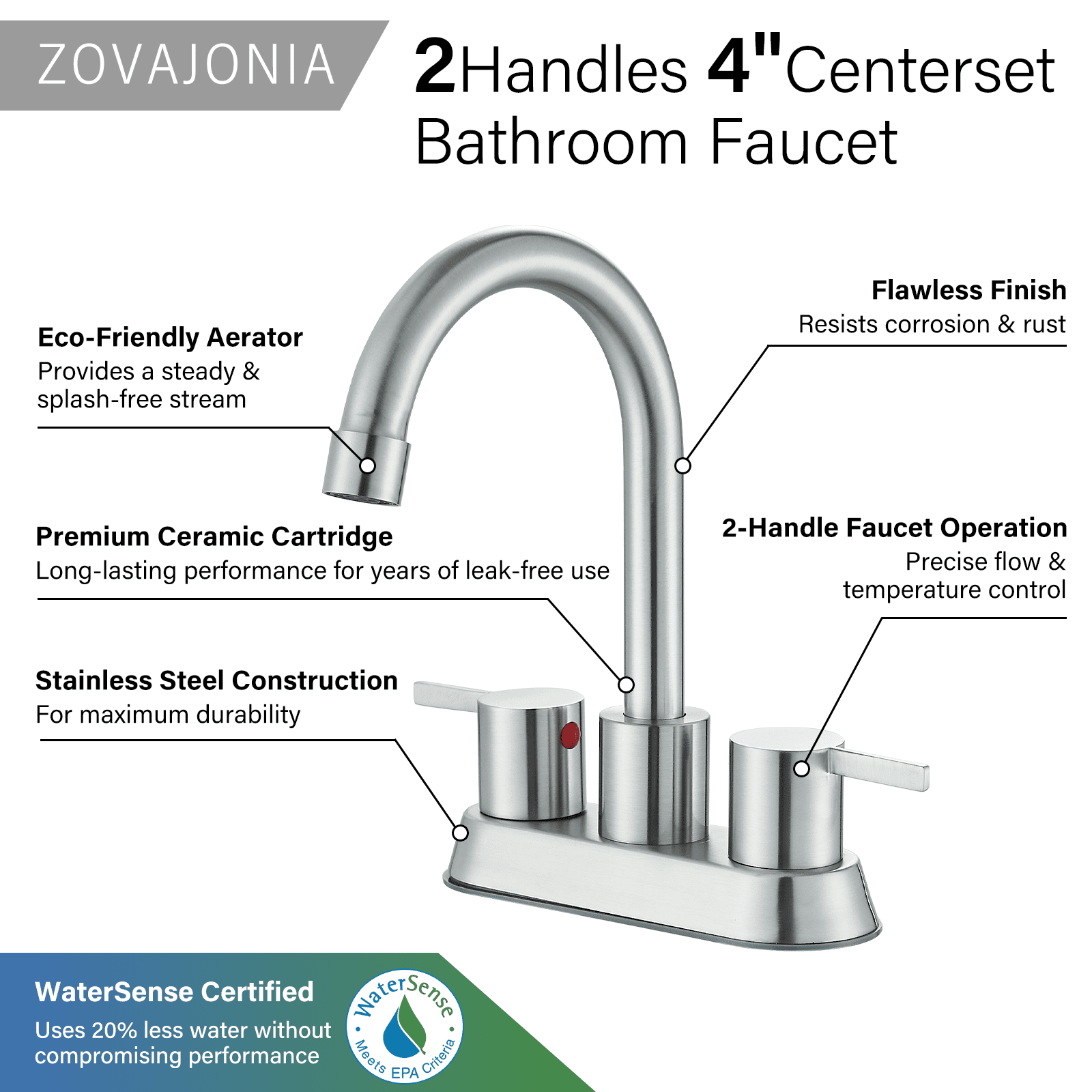 Zovajonia 4 Inch 2 Handle Centerset Brushed Nickel Lead-Free Modern Bathroom Faucet , 360 Swivel Spout 2-3 Hole RV Bathroom Vanity Sink Faucet with Pop Up Drain and Water Supply Lines