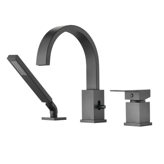 JERFIT Matte Black 3-Hole Deck Mount Roman Tub Faucet with Waterfall Spout & Handheld Shower Set