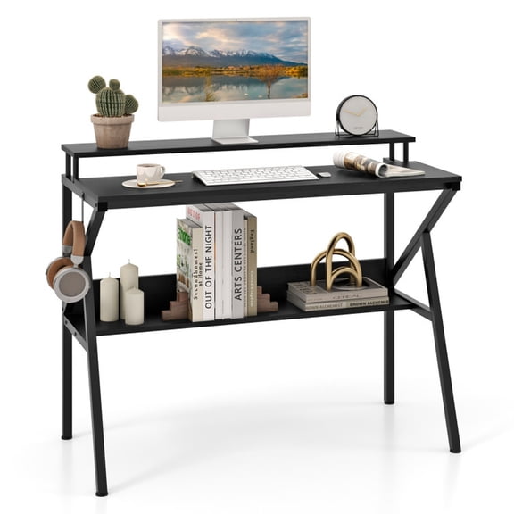 Furnibear Small Computer Desk with Monitor Stand and Storage Shelf, Space Saving Study Writing Desk for Home Office Work, Black