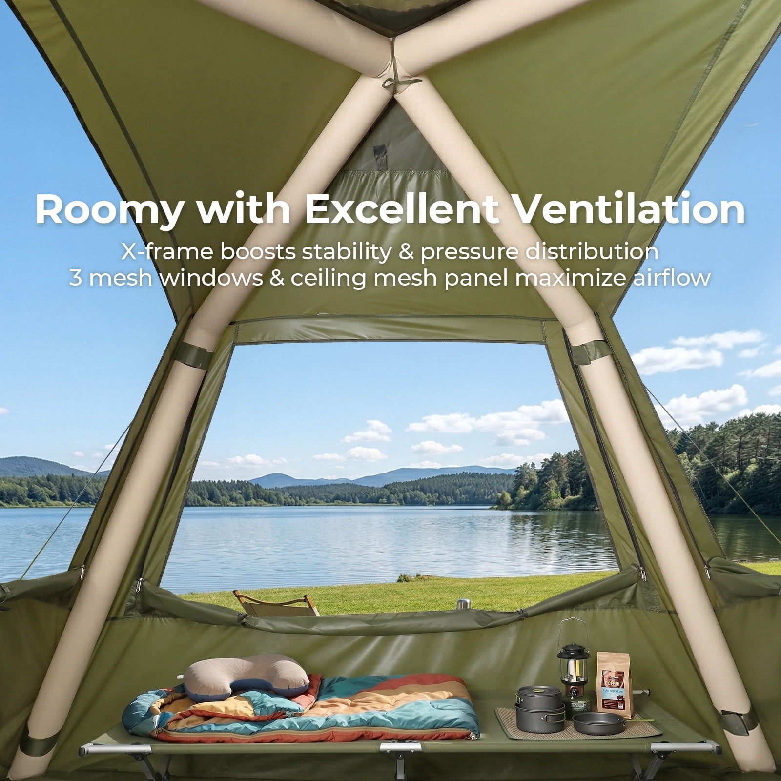 UBesGoo 2-4 People Inflatable Tent with Hand Pump for Camping, Easy Setup Air Glamping Tents with Extra Canopy, Camping Tent for Family, Green