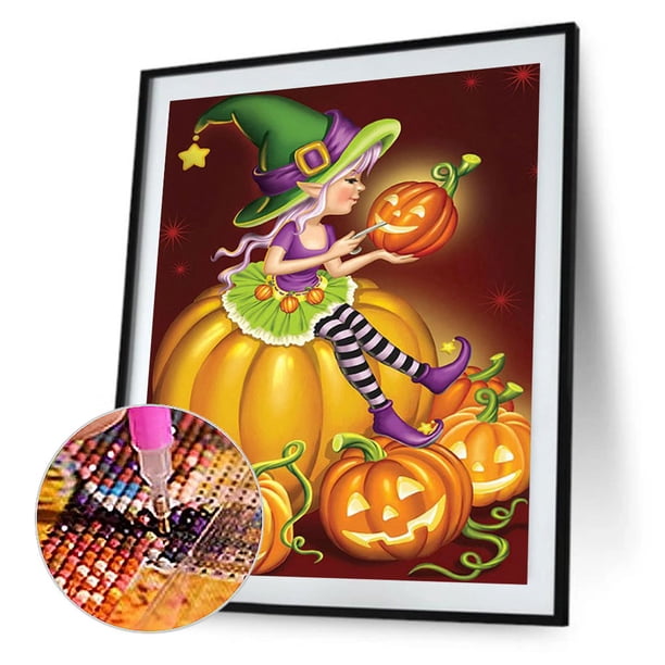 Cuadros Decorativos Kits de pintura de diamante 5D DIY Taladro redondo completo Imagen de bruja de Halloween (A2257) Tmvgtek embutido en tela
