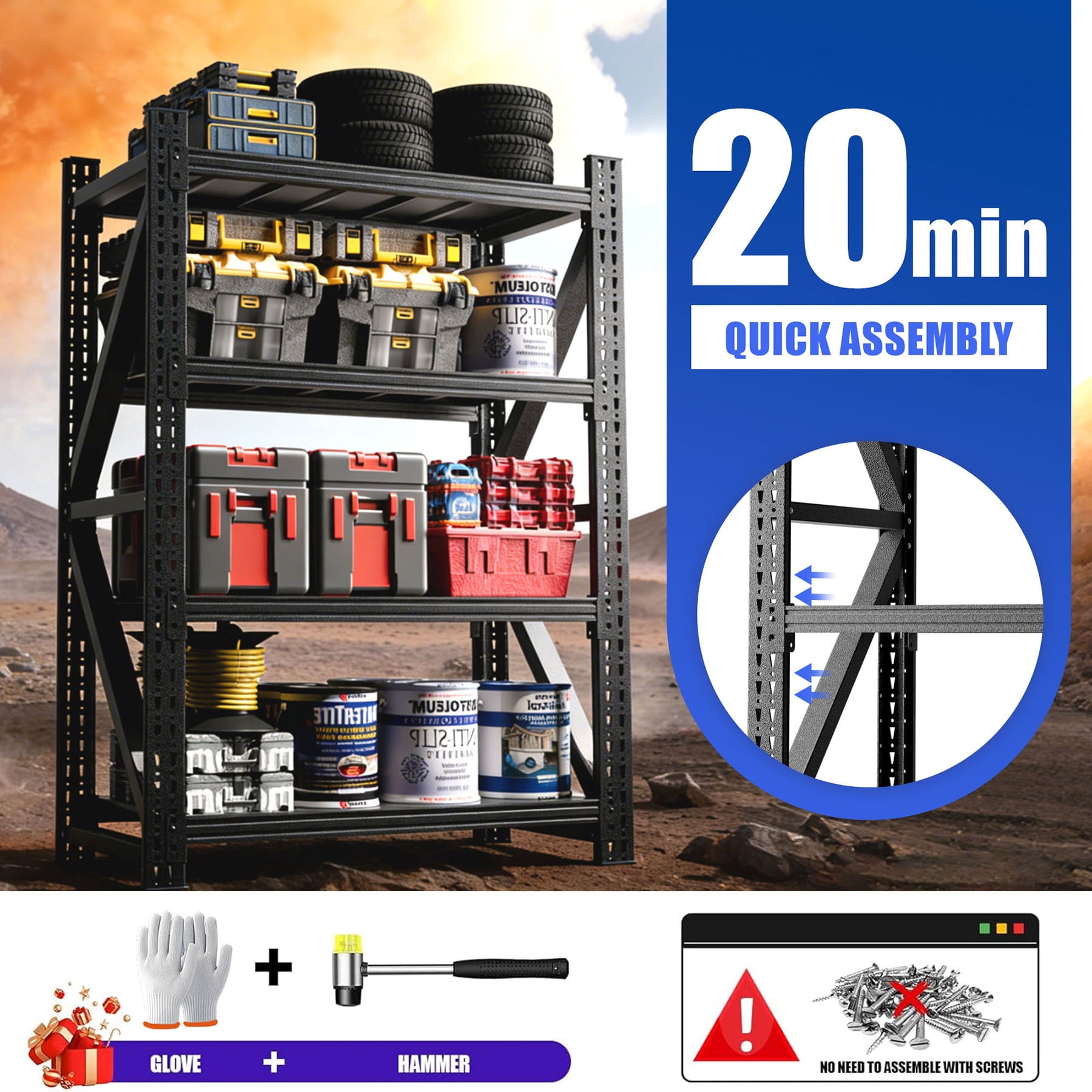 S-HOME Heavy Duty Adjustable Garage Shelves Black Steel Storage Rack 69H x 47W Industrial Shelving Unit 4000LBS Capacity for Organization