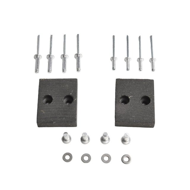 GLFILL Lawn Care Essential Compatible Deck Brake Pads for Different Mowers 2pcs. The image displays two rectangular, asbestos-free deck brake pads with pre-drilled holes, accompanied by installation hardware including rivets, washers, and bolts. These brake pads are compatible with LT42, LT46XT2, LX42, XT2, FAB, CCC600, and LT42 C models, offering reliable performance and enhanced safety for lawn mowers. The components are neatly arranged on a plain white background.