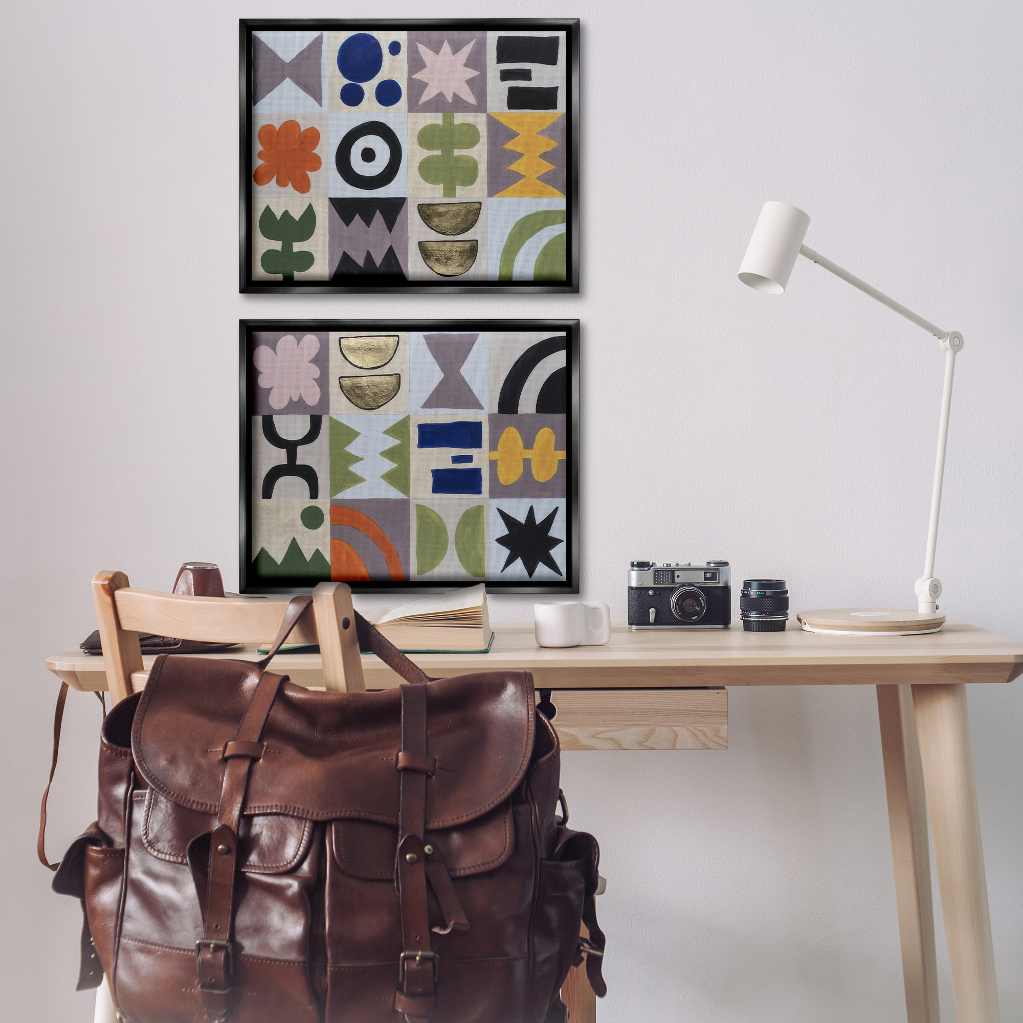 Stupell Industries Bohemian Shapes Squares Abstract Painting Black Floater Framed Canvas Art Print Wall Art, 31 x 25, Set of 2