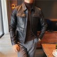 thumbnail image 1 of Chaqueta de motociclista de cuero de otoño e invierno para hombre, estilo rufián, elegante, versión pequeña, entallada, de cuero PU con botones para hombre, 1 of 6
