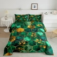 thumbnail image 2 of Manfei Mgeometric Eaethetic Art Queen Comforter Set,Marble Print Bedding Sets,Green Hexagon Gold Leaves Bedding Comforter Set For Teens,Microfiber Bedroom Decor Reversible,3pcs, 2 of 8