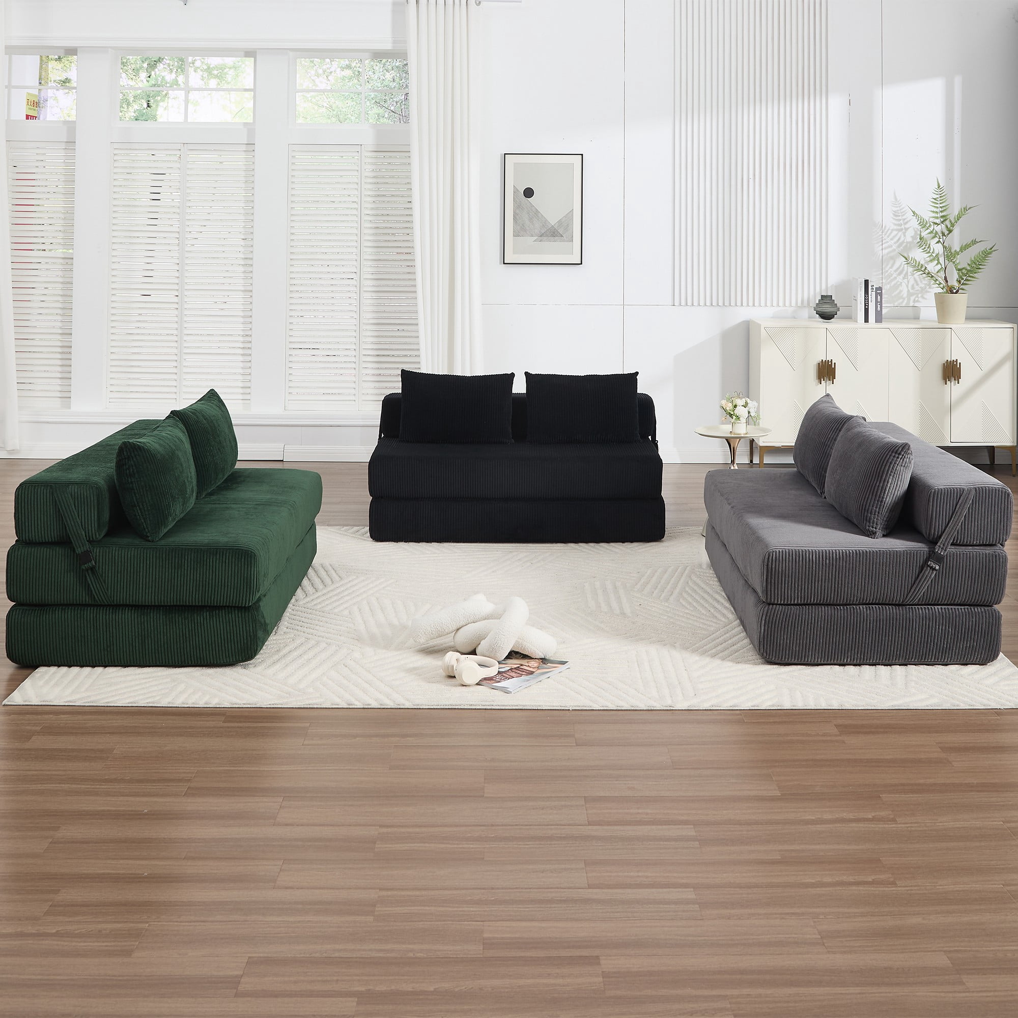 Aukfa Full Size Folding Sofa Bed, Loveseat Sleeper, Corduroy Convertible Floor Couch Mattress for Living Room, Dorm, Guest Room, Gray