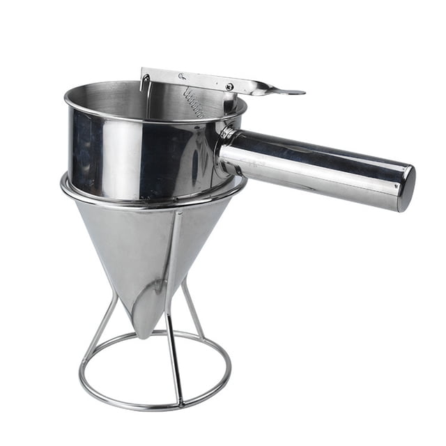 Cupcakes, cualquier producto horneado: dispensador de masa para panqueques, dispensador de pasteles con embudo de acero inoxidable con soporte