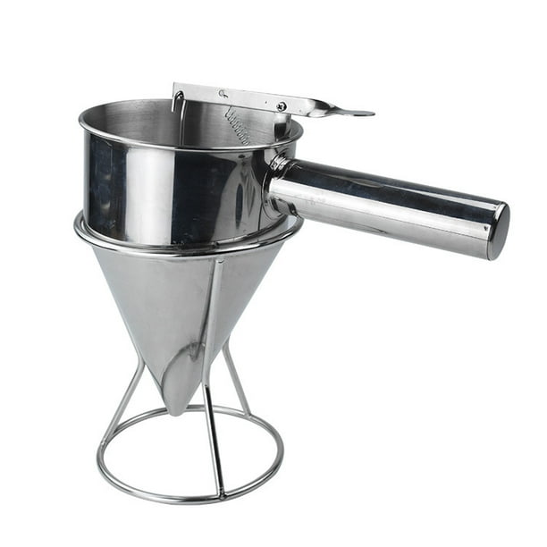Cupcakes, cualquier producto horneado: dispensador de masa para panqueques, dispensador de pasteles con embudo de acero inoxidable con soporte