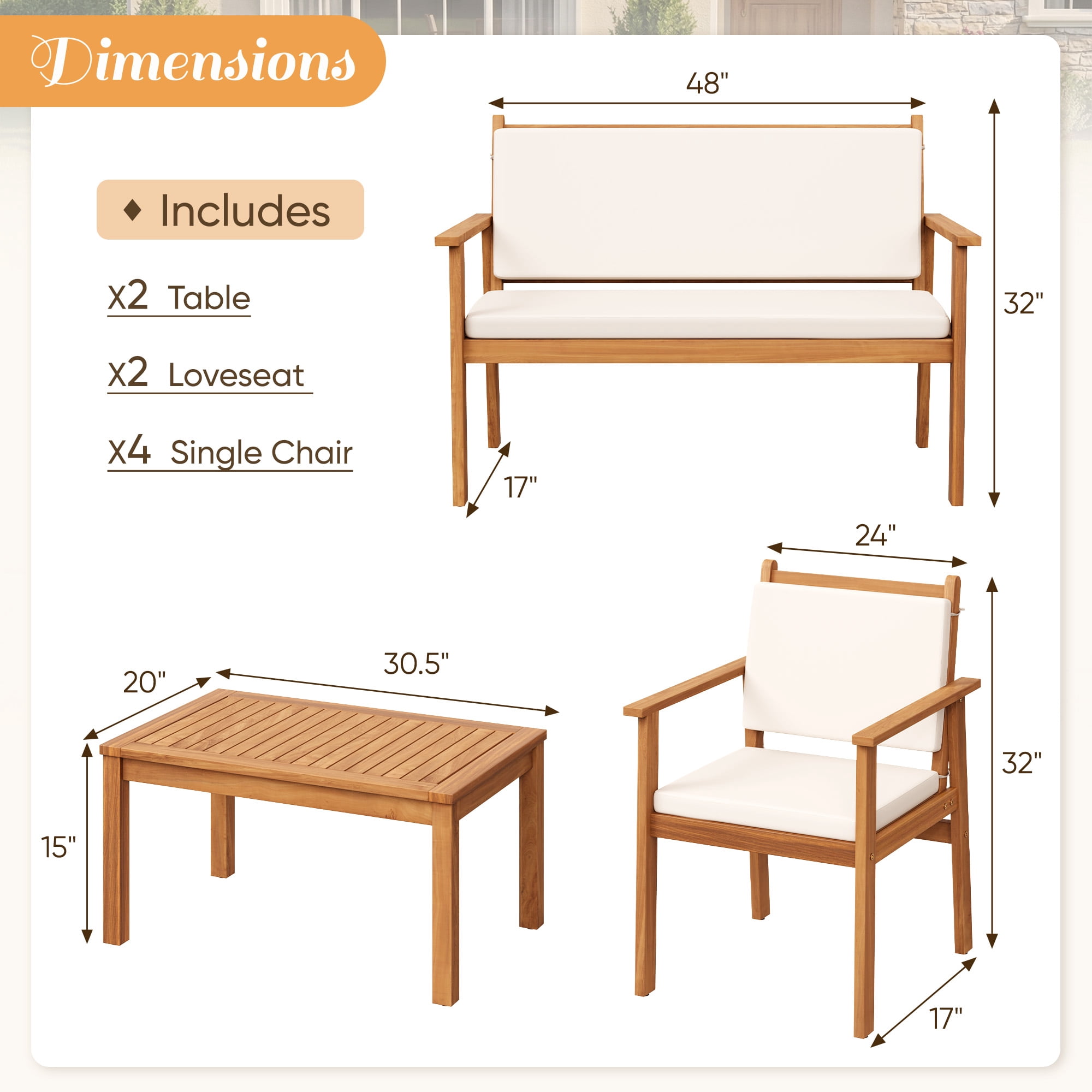 Lacoo 8 Pieces Acacia Wood Patio Conversation Set, Outdoor Furniture Set with Comfy Cushions, Beige