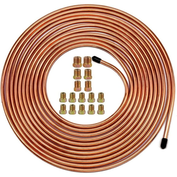 Upgraded Brake Line Tubing Kit - 25 Ft. of 3/16 Copper Coated Flexible Tube, Roll 25 ft 3/16" (Includes 16 Fittings)