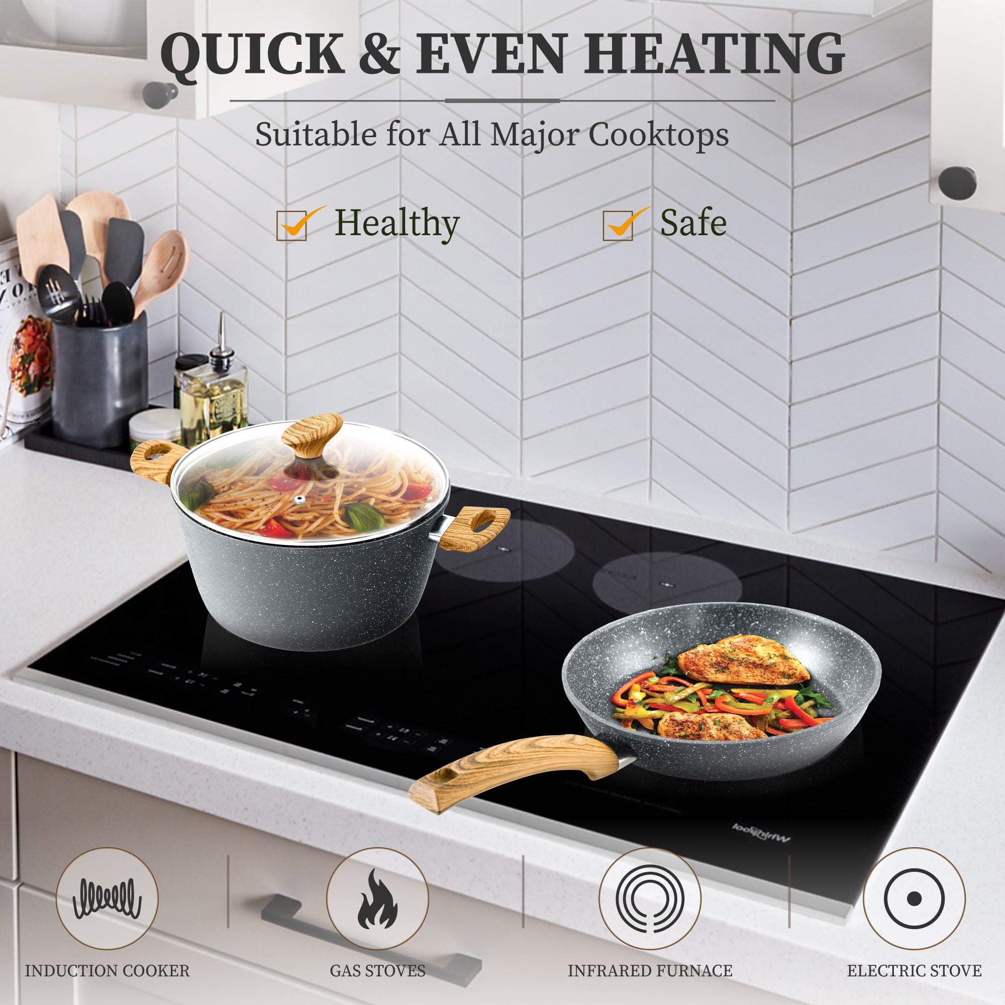 Sophia & William 12 Pieces Kitchen Nonstick Granite-Coated Cookware Set - Bgrey