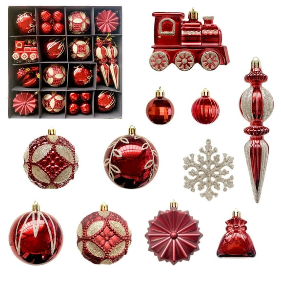 Btomtd 60pcs Electroplated Christmas Ball Ornaments, Multi Shaped Plastic Xmas Pendants, Christmas Balls for Large Holiday Tree Decor, Red