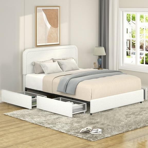 Miniyam Queen Size Ivory Boucle Upholstered Bed with 4 Storage Drawers & Curved Stitched Tufted Headboard for Adult