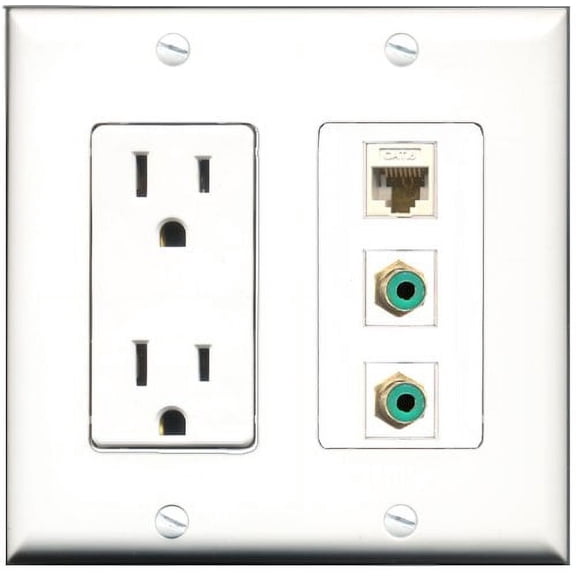 RiteAV - 15 Amp Power Outlet 2 Port RCA Green 1 Port Cat6 Ethernet Ethernet White Decorative Wall Plate