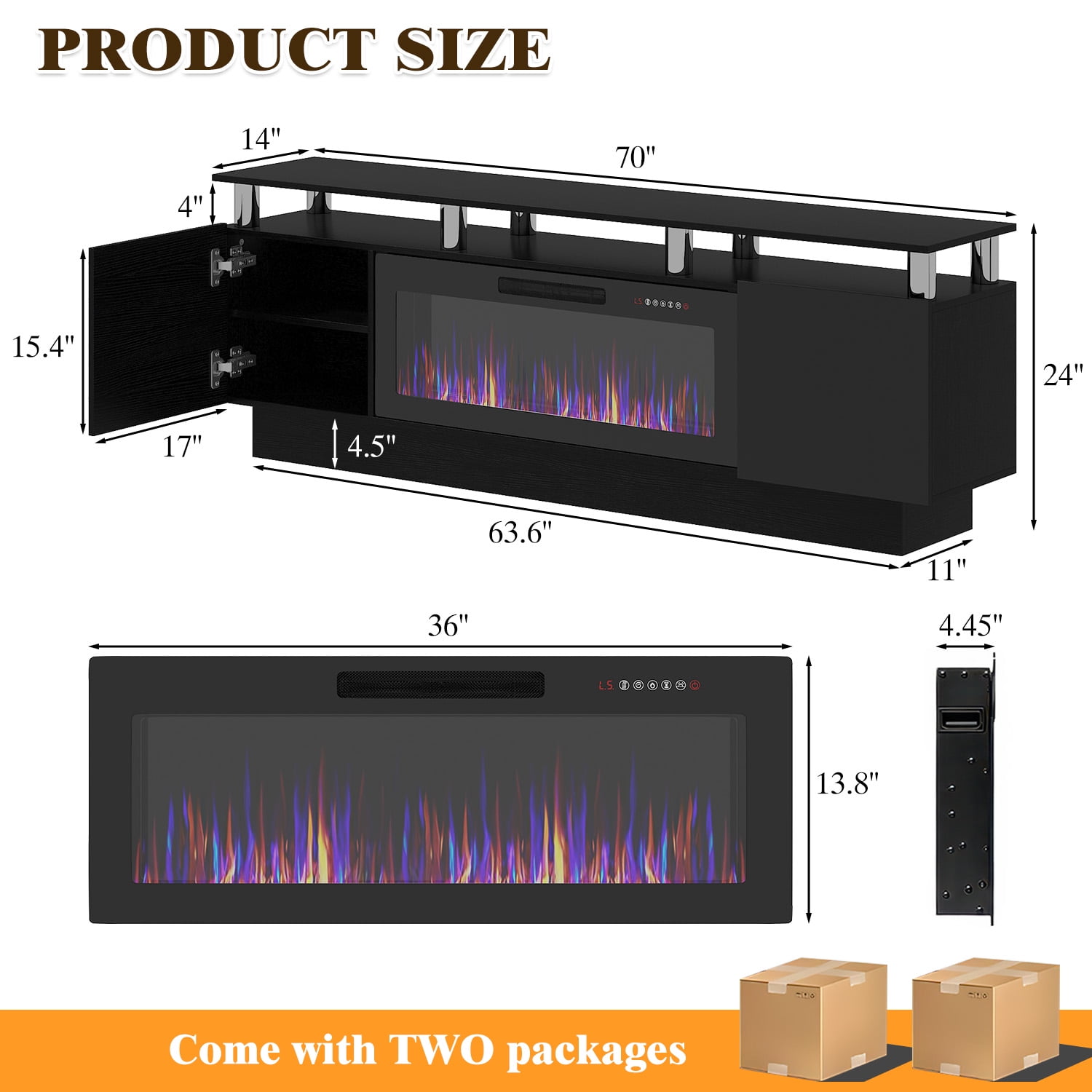 BOSSIN Fireplace TV Stand with 36" Electric Fireplace for Living Room,LED Light Entertainment Center,2 Tier TV Console Stand for TVs Up to 80"