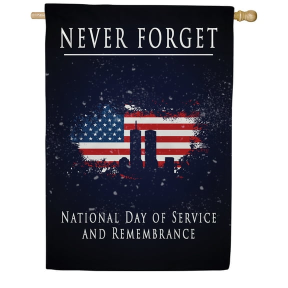 America Forever Never Forget House Flag, 28 x 40 inch Double Sided, 9/11 Memorial Patriotic Flag, National Day of Service and Remembrance, Twin Towers American Flag Yard Decor