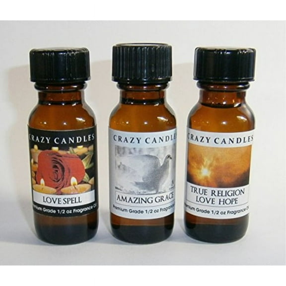 Crazy Candles 3 Bottles Set, 1 Amazing Grace, 1 Love Spell Type Women, 1 True Religion Love Hope 12 fl oz Each 15ml Premium Grad