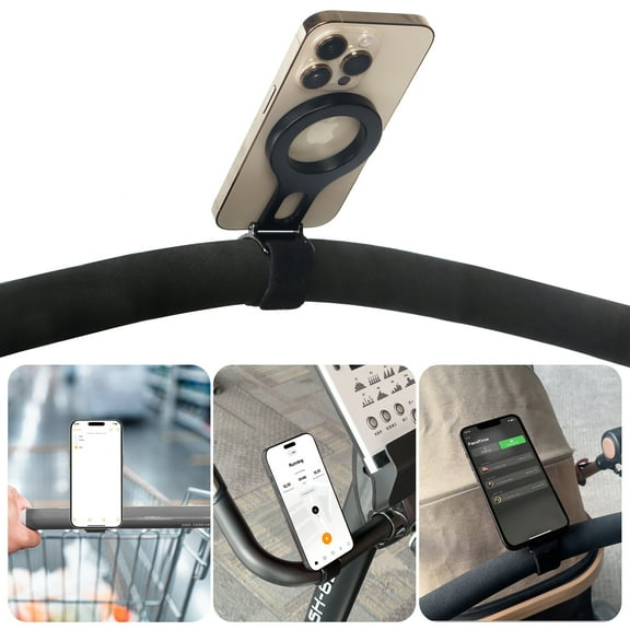 Magnetic Phone Holder for Stroller Bar, Compatible with MagSafe (Strong Magnet) - Phone Holder for Gym, Home Fitness Bikes, Shopping Cart, with Adjustable Strap, All Phone (Magnetic Ring Included)