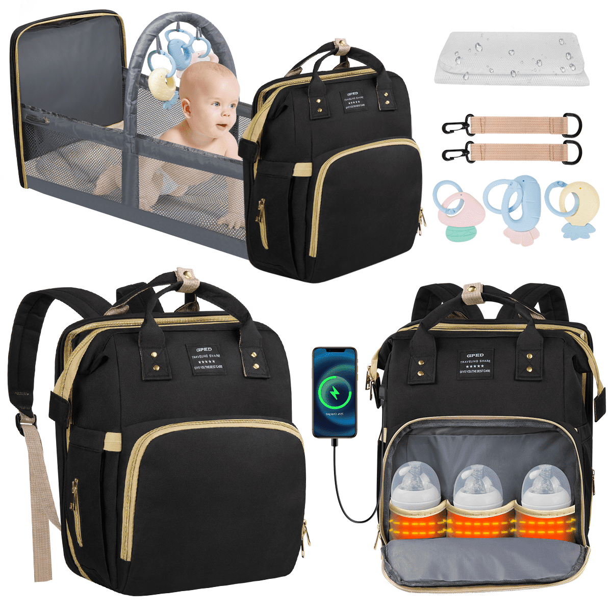 Diaper Bag Backpack, Multifunctional Baby Changing Bag with Foldable Crib &Insulated Milk Bottle Pockets, Large Capacity Portable Travel Backpack with USB Charging Port, Nappy Bag for Moms Dads,Black
