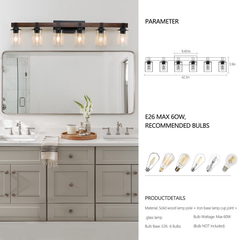 42" Rustic 6-Light Vanity Light, Industrial Bathroom Wall Sconce with Clear Glass Shades & Wood Accent, Modern Farmhouse Bathroom Light Fixture for Vanity, Powder Room (Bulbs Not Included)