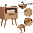 thumbnail image 4 of LELELINKY Mid Century Nightstand with Rattan Accents, Bedside Table with Drawer and Open Shelf, Solid Wood Legs, Tea Color, 4 of 7