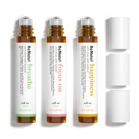 Benatu Ensemble de Mélanges d'Huiles Essentielles (Respirer, Se Concentrer, Bonheur), Roll-On d'Aromathérapie pour Massage, Soins de la Peau, Maison - Cadeau Parfumé pour Femmes et Hommes
