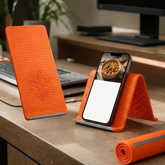 Flexible Bendable Phone Stand, Foldable Silicone Desktop Holder with Anti-Slip Grip for Bed, Desk, Travel & Video Calls, Orange