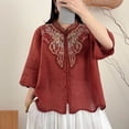 thumbnail image 2 of Olyvenn Women's Summer Linen Blend Embroidered Stand Collar Shirt, 3/4 Sleeve Loose Breathable Daily Blouse Red XXL, 2 of 7