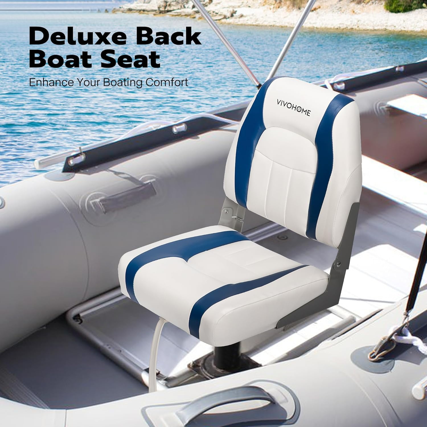 SPECSTAR Folding Low Back Boat Seats 2 Pack, Waterproof Boat Captain Chairs, 4 Mounting Screws Included, White and Blue