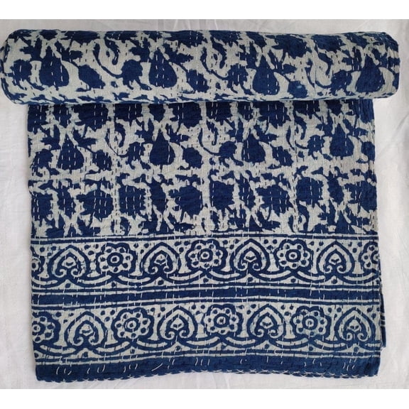 Handmade Blue Block Print Kantha Quilt Cotton Indian Bedspread Boho Vintage Bedding Lightweight Throw In Multiple Sizes Twin Queen And King