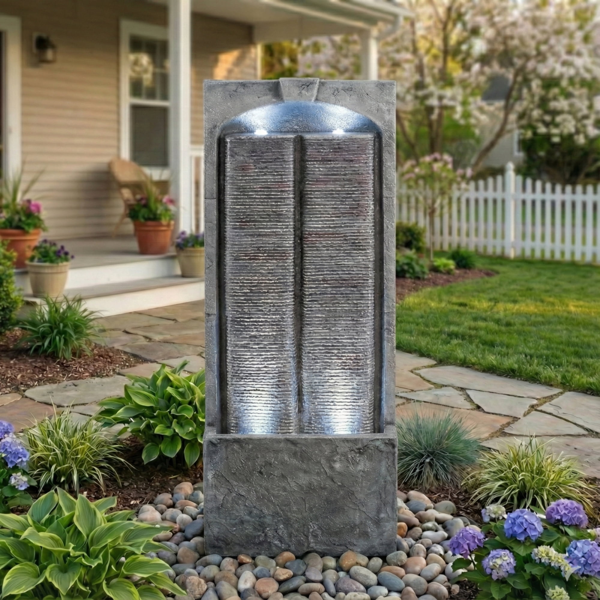 Outdoor Water Fountain Cascading LED Lights 39" H, Resin Fiberglass with Quiet Pump, Freestanding Water Feature for Garden Patio Porch Lawn Backyard Indoor Outdoor Decor