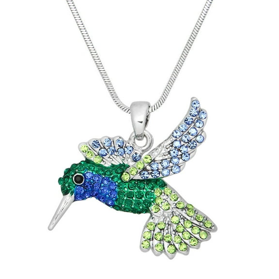 Hummingbird Pendant Necklace Multicolor Rhinestone Crystal Rhodium Plated 17 Inch Snake Chain J0499