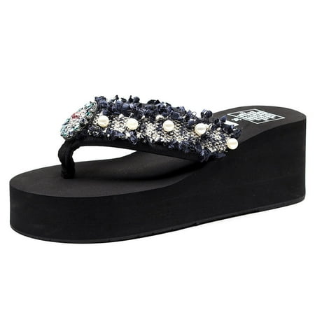 

HIBRO Women Girls Floral Wedges Bohemian Style Flip Flops Sandals Slippers Beach Shoes