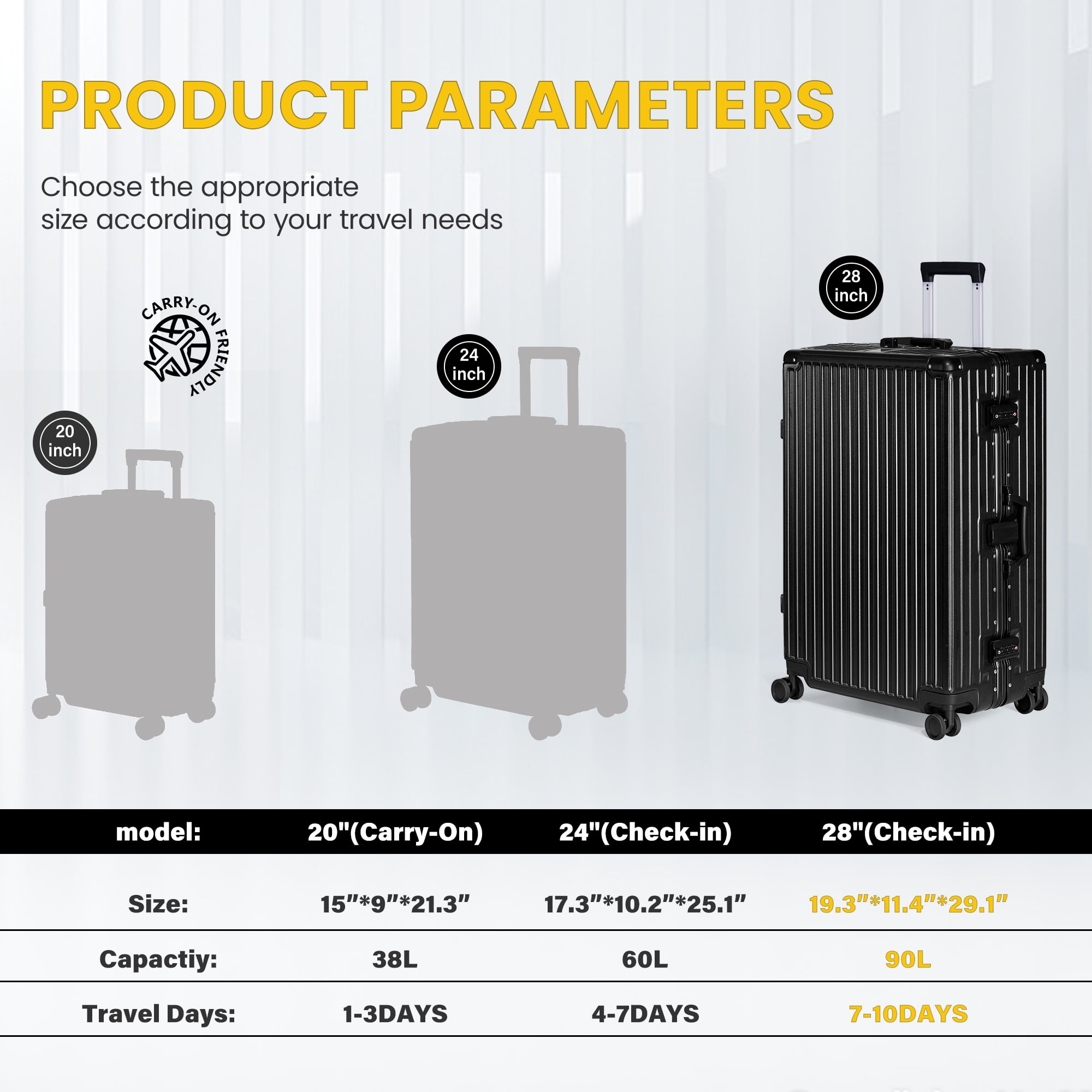 AMZFUN Carry On Luggage, Aluminium Frame, PC ABS Hard Shell, Suitcases with Wheels, TSA Lock, No Zipper, 28Inch, Sliver
